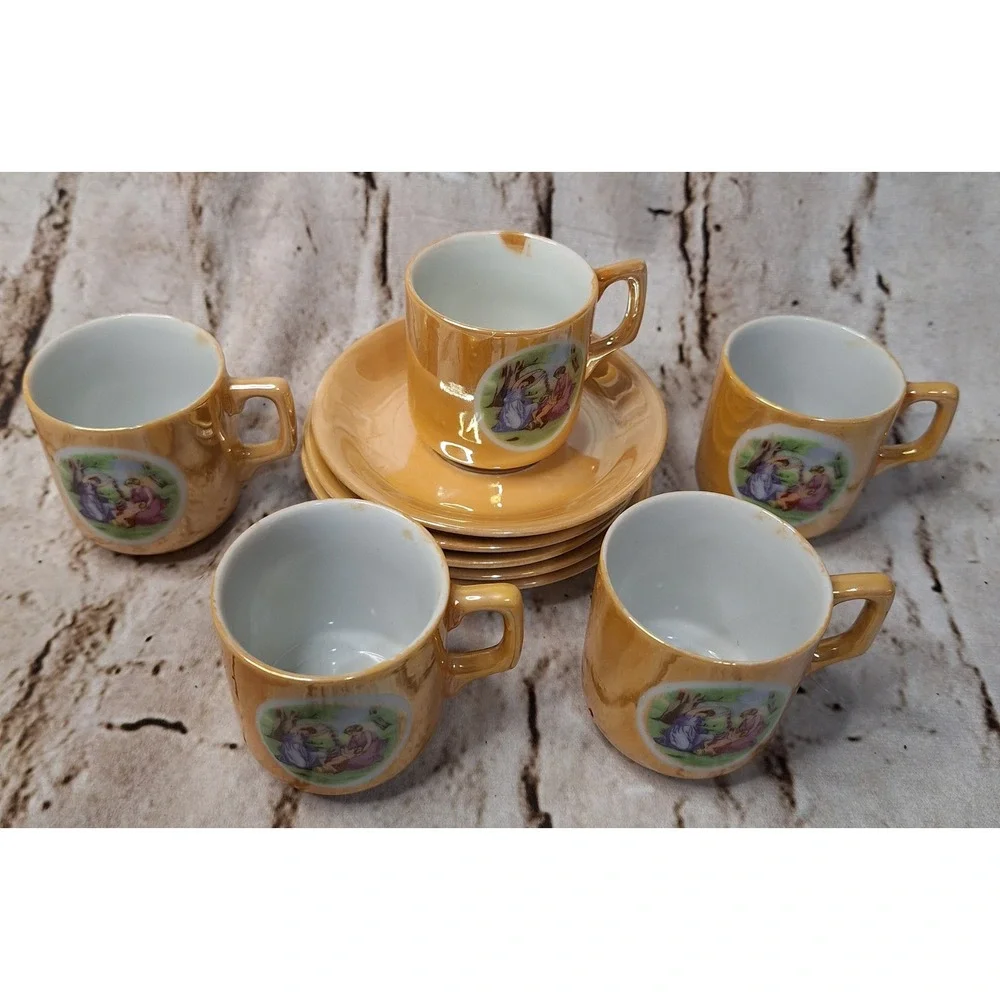 Vintage Japan Lusterware Demitasse Set 5 Cups Saucers Peach Iridescent Classical